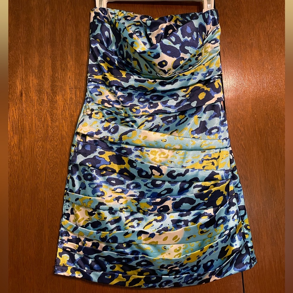 Formal Blue Leopard Print Strapless Dress Size S